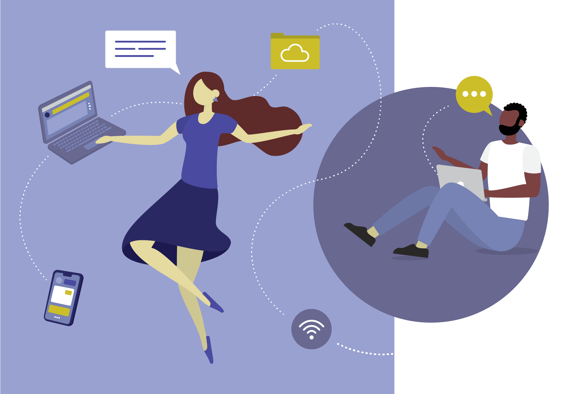 An illustration depicting two users communicating via a range of business technology and communications services.