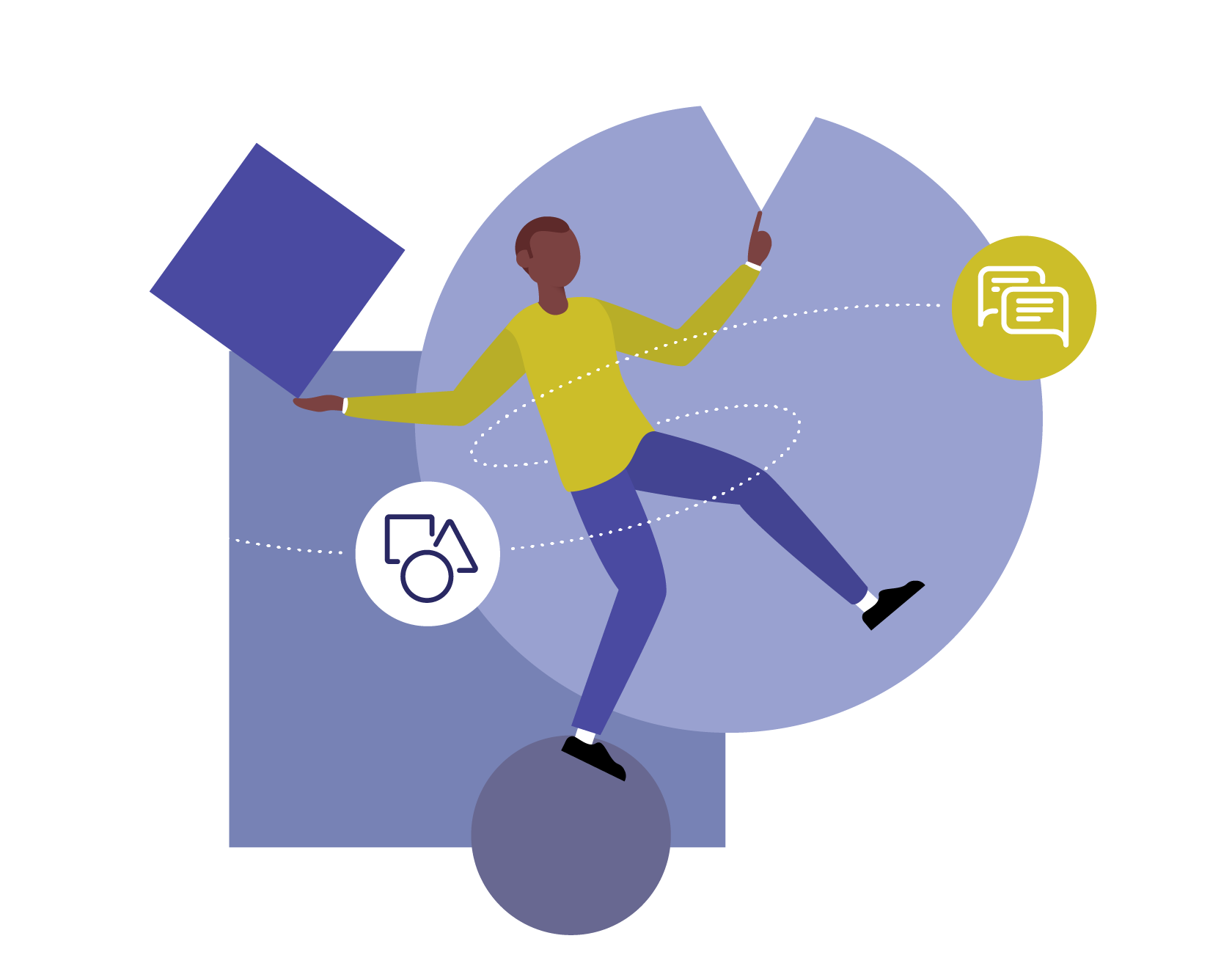 An illustration depicting a person balancing on a circle and juggling a square and triangle (the collective symbols of creative services) to convey brand communications services
