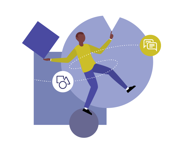 An illustration depicting a person balancing on a circle and juggling a square and triangle (the collective symbols of creative services) to convey brand communications services