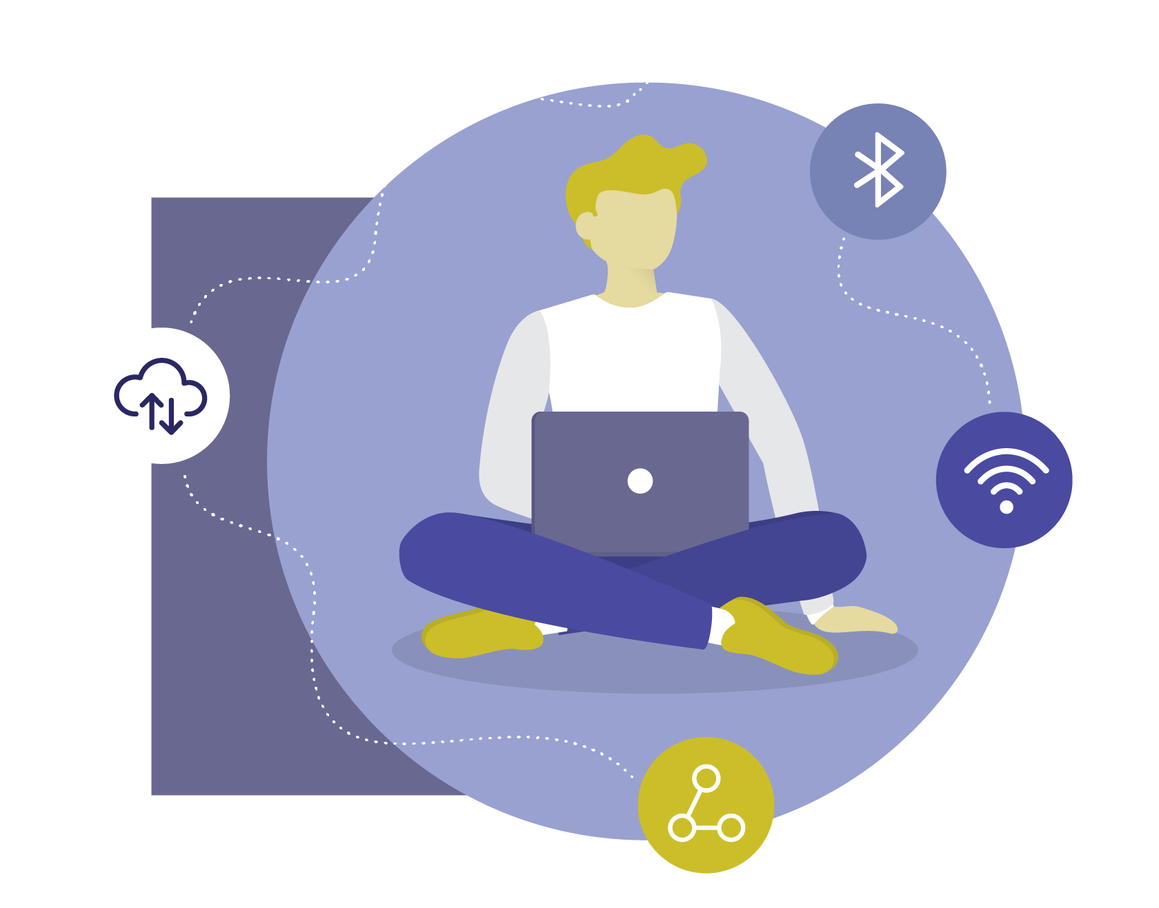 An illustration depicting a person using their laptop away from their desk, supported by business grade connectivity services.