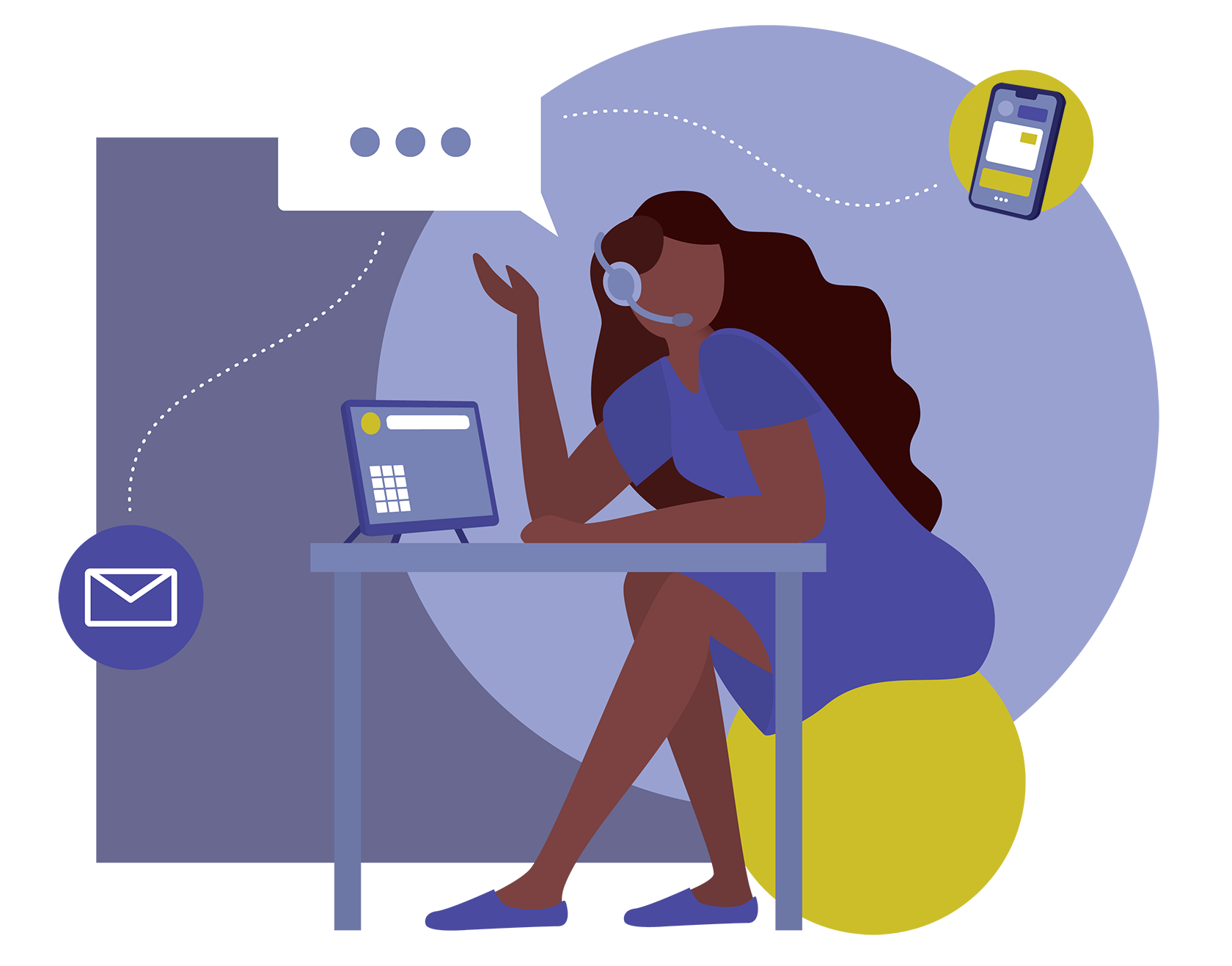 An illustration depicting a person using their desktop phone system and headset for calls and messages.