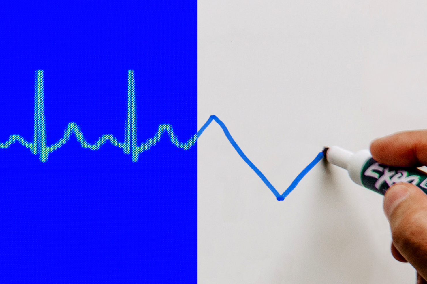 Two part image depicting a heart monitor running into pen writing on a whiteboard.