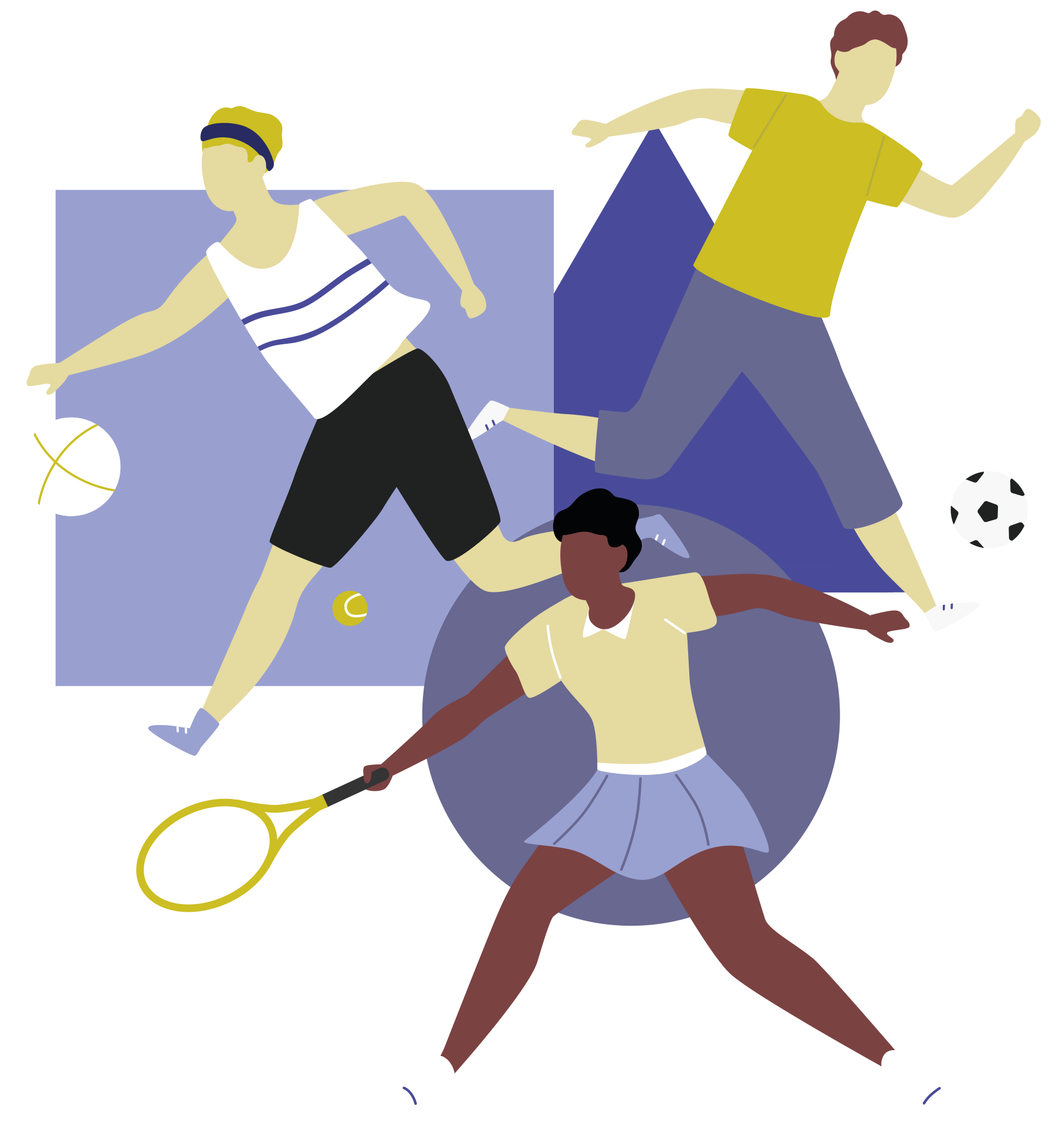 An illustration of three people playing sports; netball, football and tennis.