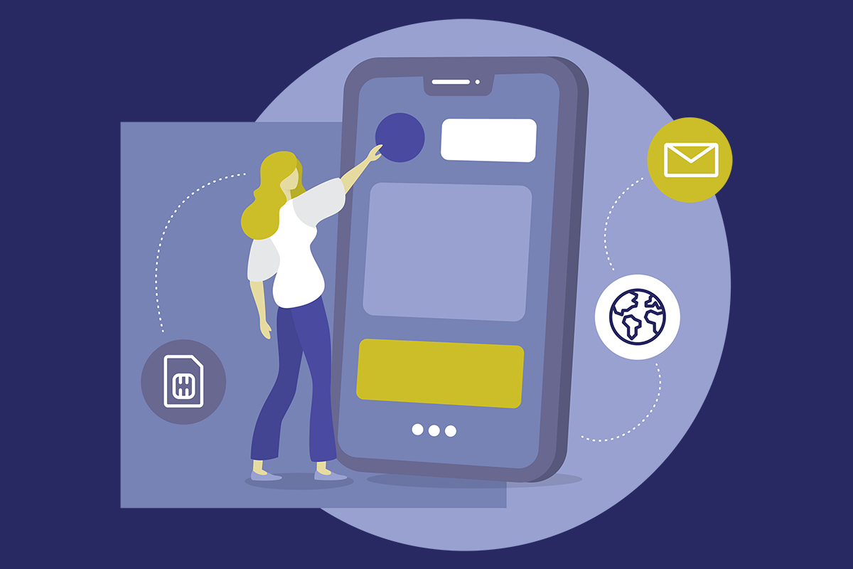 An illustration depicting a person using a business mobile phone to access a variety of communications services.