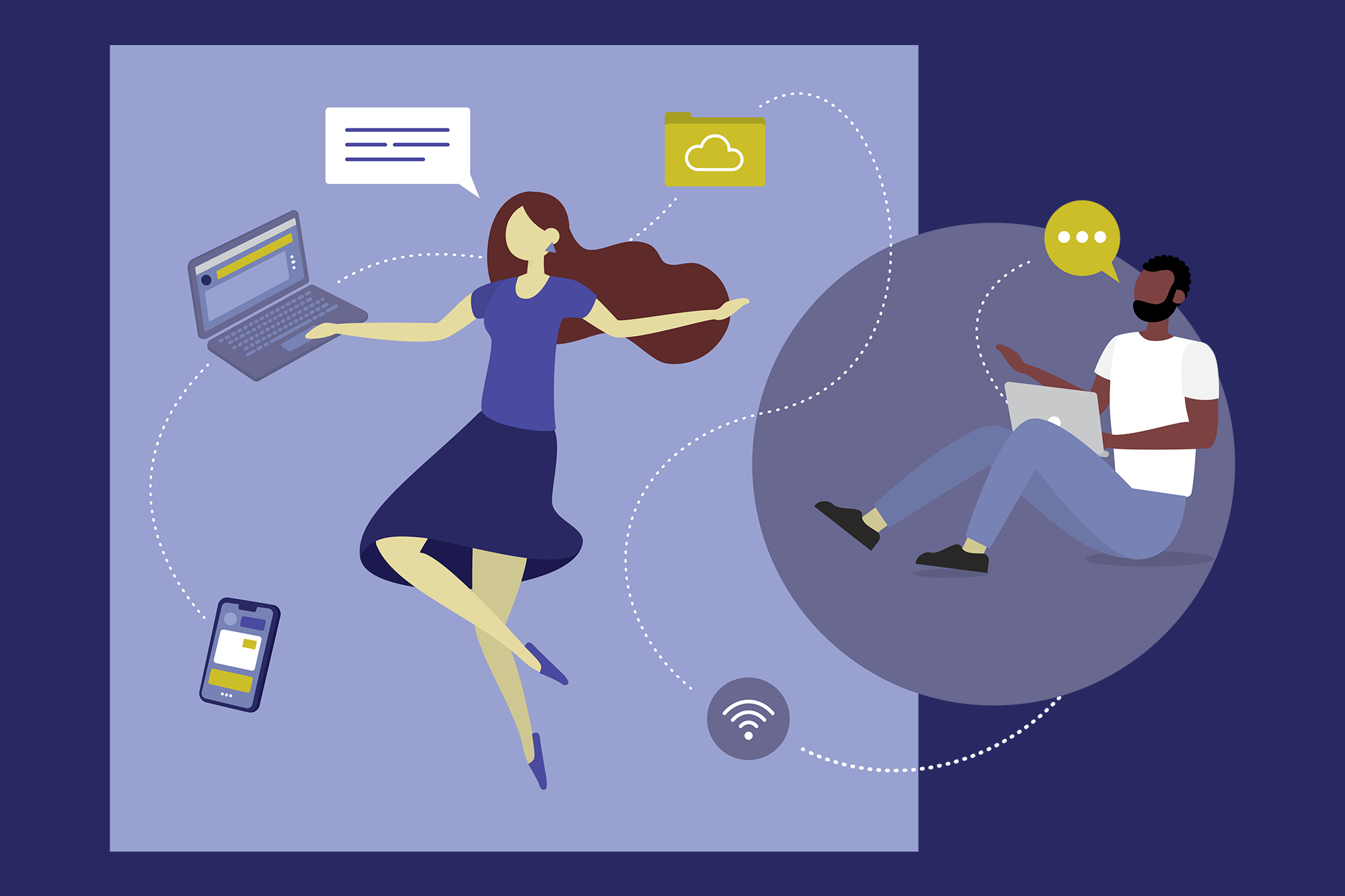An illustration depicting two users communicating via a range of business technology and communications services.